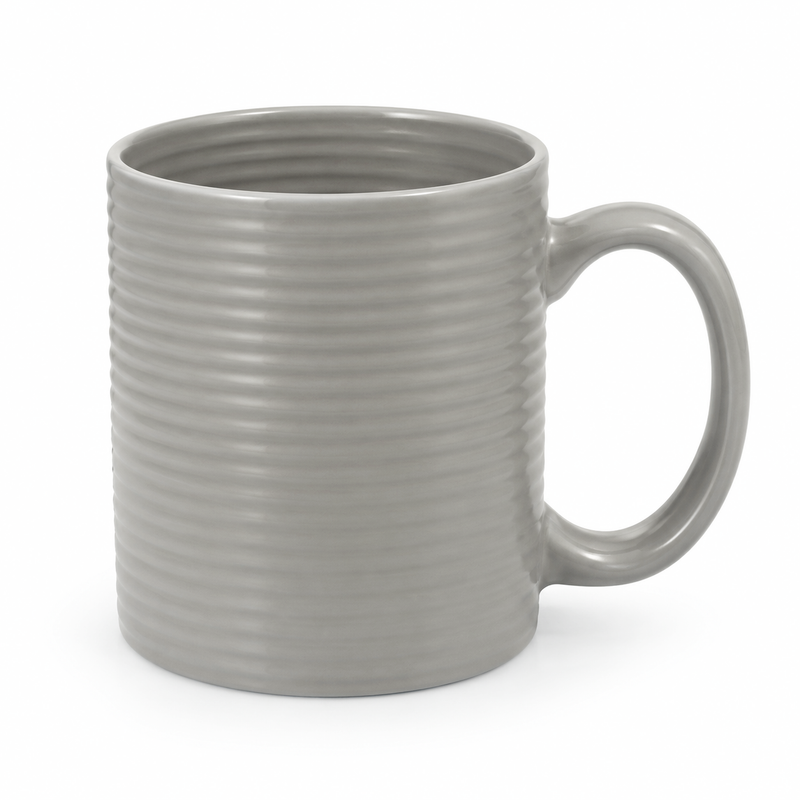 Grey Ribbed Ceramic Coffee Mug | Modern Textured Tea Cup with Glossy Finish