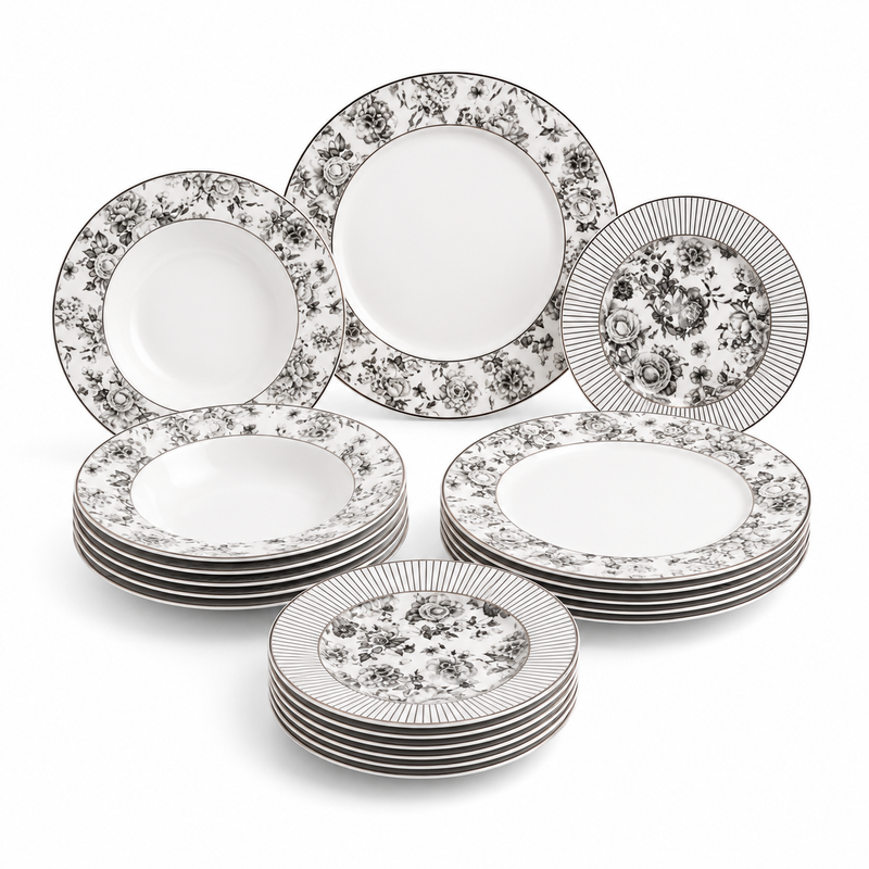 Premium Porcelain Plate Set | Elegant Black Floral Dinnerware for 6 Persons
