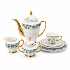 Piece Premium Porcelain Tea Set – White with Blue Floral Design & Gold Accents