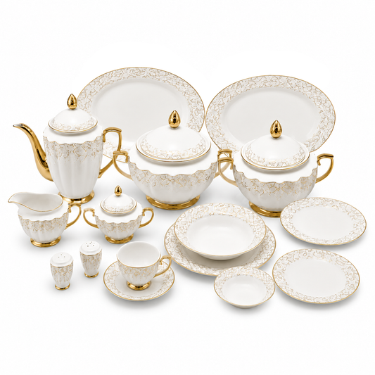 Piece Premium Porcelain Dinner Set with Tea Set & Gold Lace Design | Luxury White Dinnerware Collection