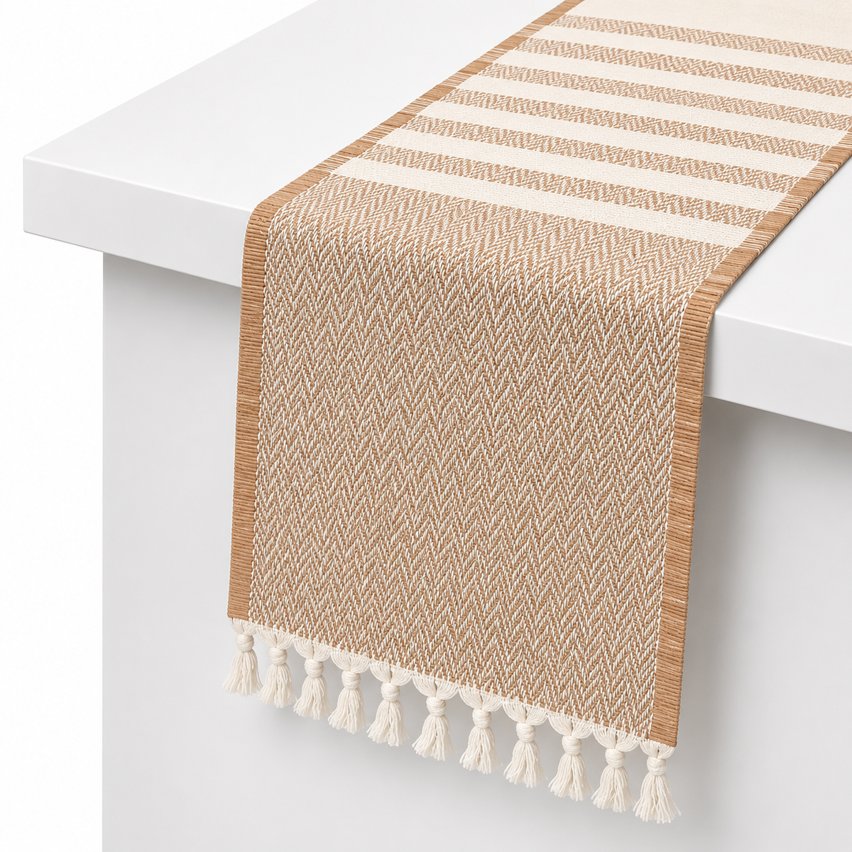 Beige Linear Table Runner with Tassels – 13 x 72 Inches | Decorative Woven Dining Table Runner