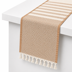 Beige Linear Table Runner with Tassels – 13 x 72 Inches | Decorative Woven Dining Table Runner