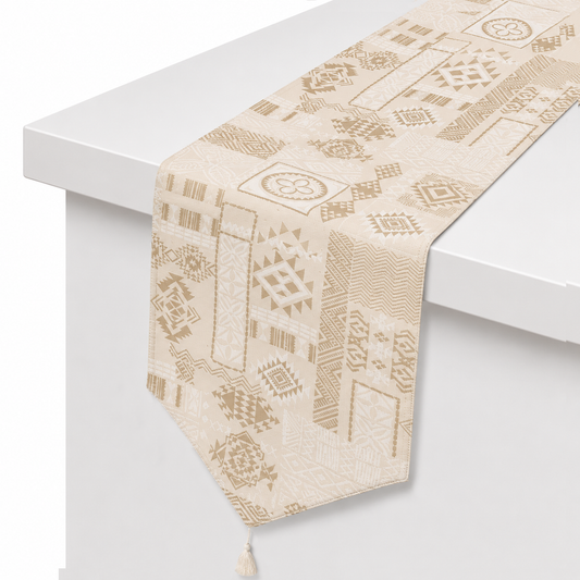 Beige Patch Table Runner – 14 x 45 Inches | Tribal Print Decorative Table Runner