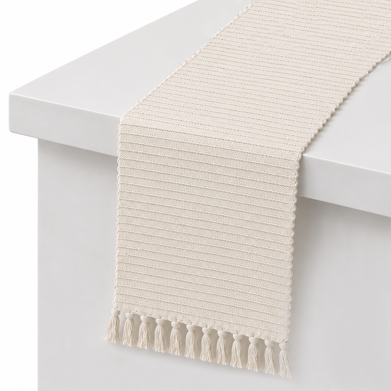 Neutral Lines Table Runner – 13 x 45 Inches | Ribbed Woven Decorative Table Runner with Tassels