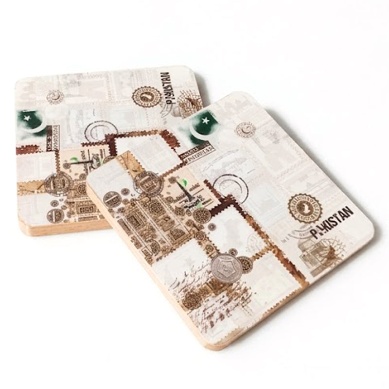 Ivory Stamp Wooden Square Coaster Set of 2 Pcs PK