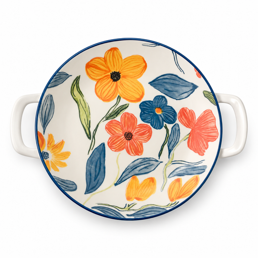 Cottagecore Floral Round Serving Bowl with Side Handles – Multicolor
