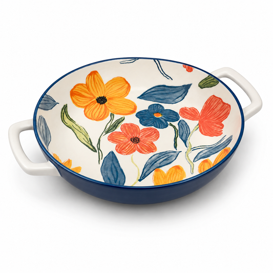 Cottagecore Floral Round Serving Bowl with Side Handles – Multicolor