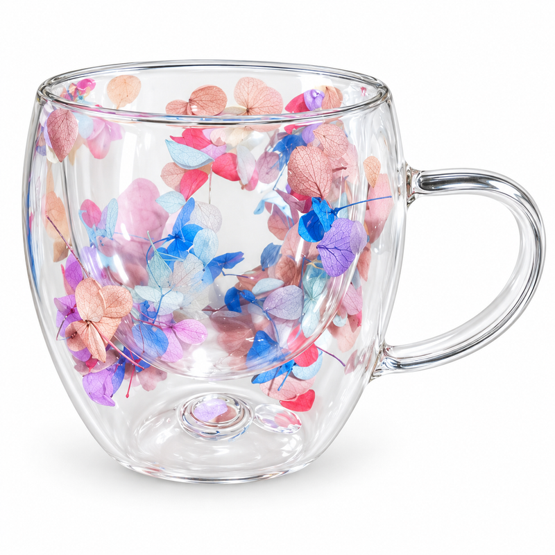 Double Wall Glass Mug with Flower – 350ML – Transparent