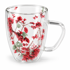 Floral Double Wall Glass Mug – Red Blossom Design