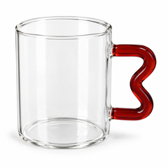 Clear Glass Mug with Red Wavy Handle – Modern Design