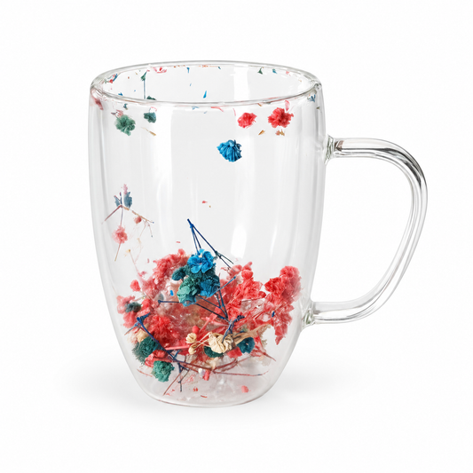 Double Wall Floral Glass Mug – Multicolor Flower Design