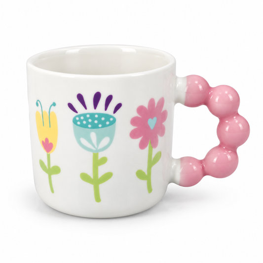 Colourful Floral Bubble Handle Ceramic Mug