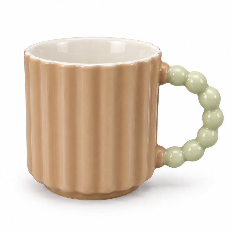 Pastel Ribbed Ceramic Coffee Mug with Beaded Handle – Cute Tea & Coffee Cup