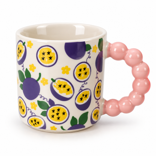 Cute Fruit Print Ceramic Coffee Mug with Beaded Handle – Colourful Tea & Coffee Cup