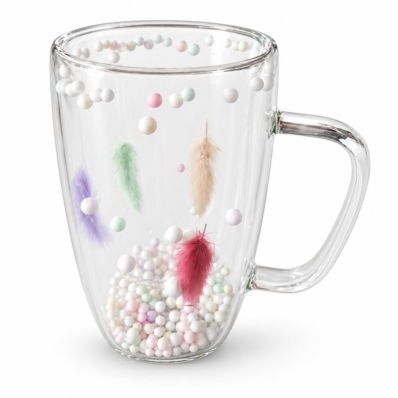 Pastel Feather Glass Mug – 450ml Transparent Decorative Coffee & Tea Mug