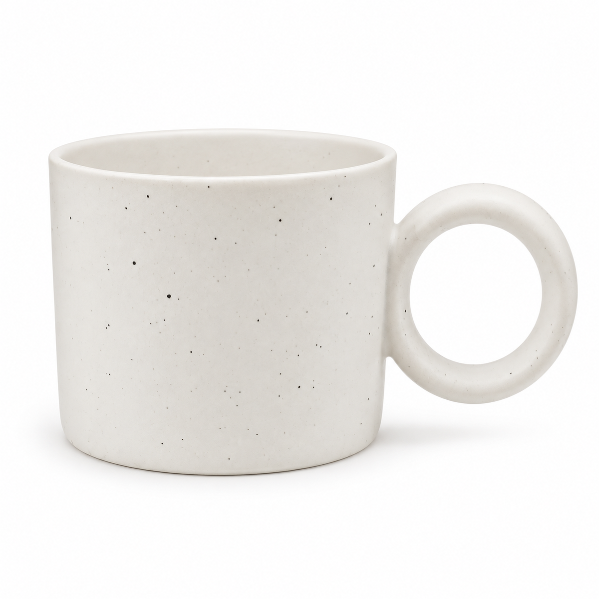 White Ceramic Mug with Round Handle – 450ml Minimalist Speckled Coffee & Tea Mug