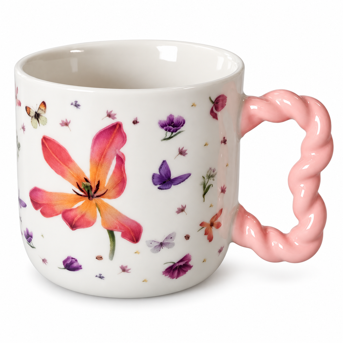 Floral Hibiscus Mug with Pink Twisted Handle – 500ml Butterfly & Flower Design Mug