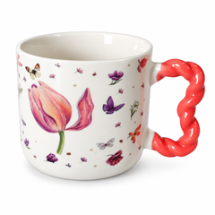 Floral Tulip Mug with Red Twisted Handle – 500ml Butterfly & Flower Design Mug