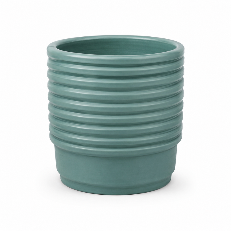 Round Green Planter Large – Ribbed Decorative MERH Plant Pot