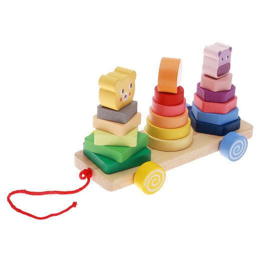 Wooden Shapes & Size Stacking Pull Toy – Multicolor Educational Toy