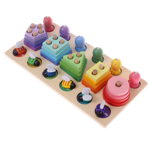 3-in-1 Wooden Shape Sorter, Stacking & Catch Bee Activity Toy – Multicolor 12.5 x 7 Inch