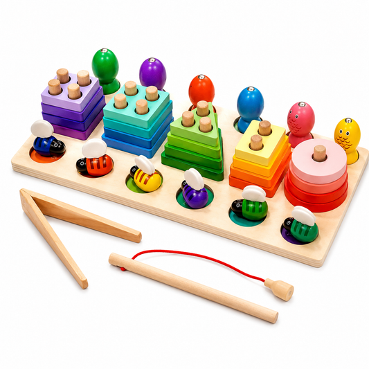 3-in-1 Wooden Shape Sorter, Stacking & Catch Bee Activity Toy – Multicolor 12.5 x 7 Inch