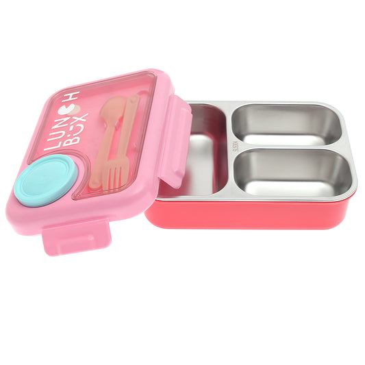 Kids Stainless Steel Lunch Box with Compartments – Pink | Leak-Proof | Spoon & Fork Included
