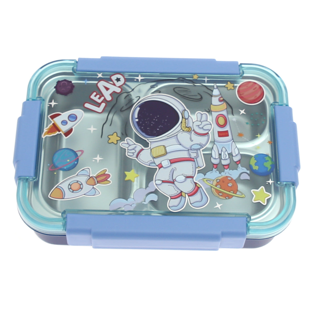 Kids Astronaut Lunch Box – 3 Compartment | Stainless Steel | Leak-Proof | Space Theme | Blue