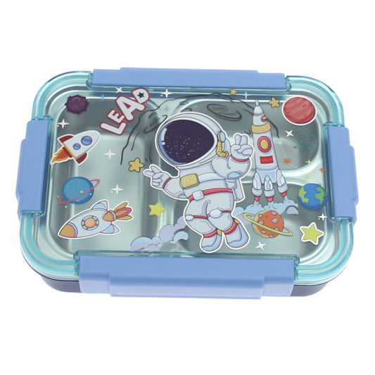 Kids Astronaut Lunch Box – 3 Compartment | Stainless Steel | Leak-Proof | Space Theme | Blue