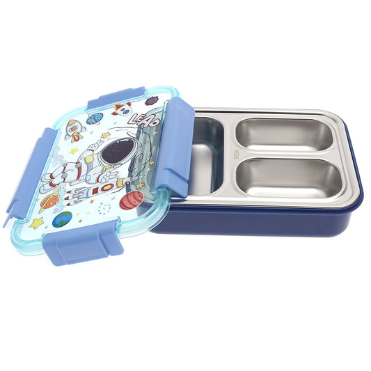 Kids Astronaut Lunch Box – 3 Compartment | Stainless Steel | Leak-Proof | Space Theme | Blue