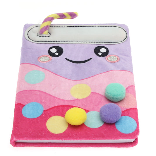 Plush Notebook – Boba Drink Theme | Furry Cover with Pom-Poms | Soft Journal for Kids | 100 Pages