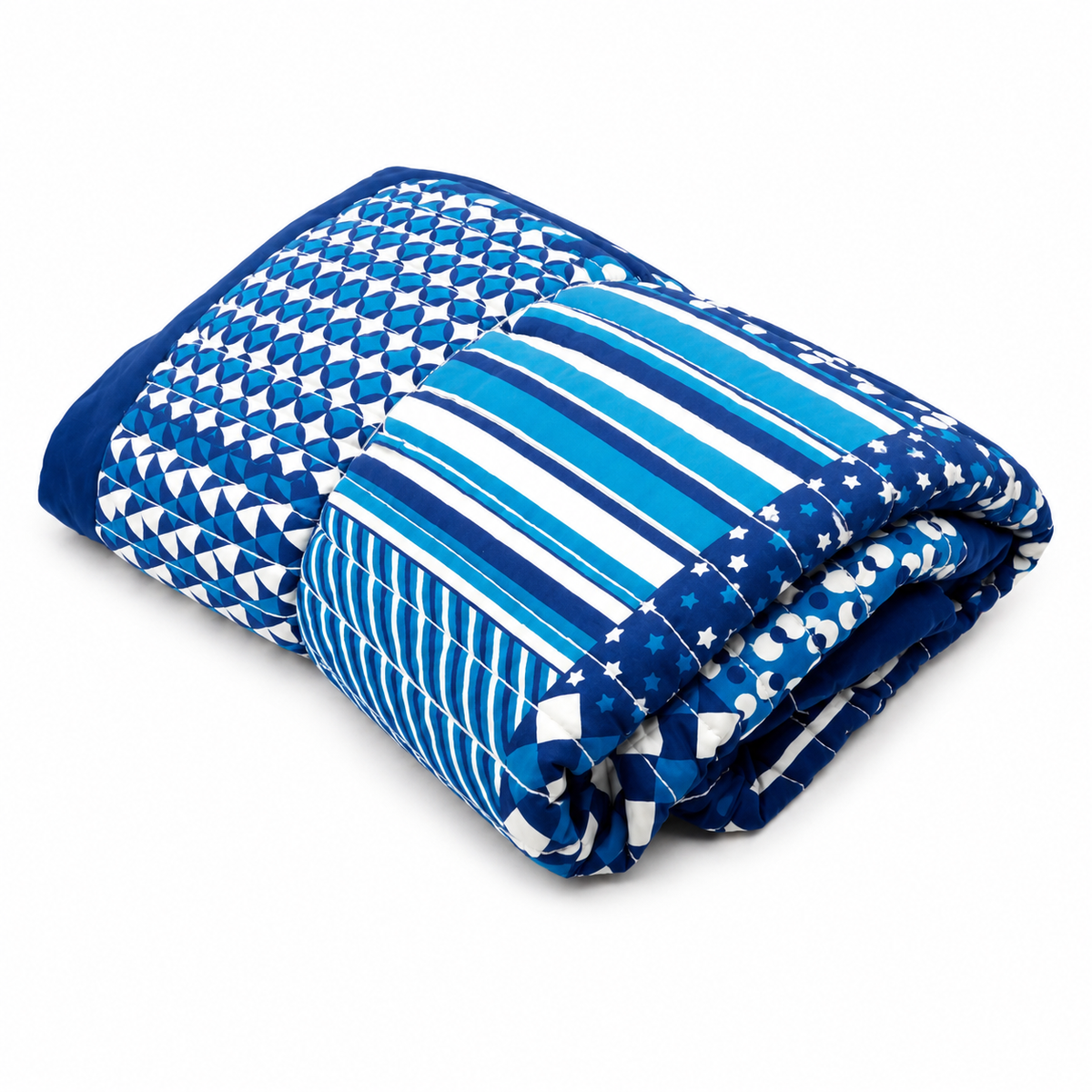 White Blue Kantha Single Bedspread – Geometric & Stripe Print