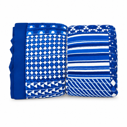 White Blue Kantha Single Bedspread – Geometric & Stripe Print