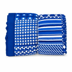 White Blue Kantha Single Bedspread – Geometric & Stripe Print