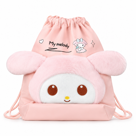 My Melody Kids Drawstring Bag with Plush Character – Pink & White