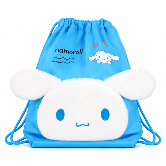 Cinnamoroll Kids Drawstring Bag with Plush Character – Blue & White
