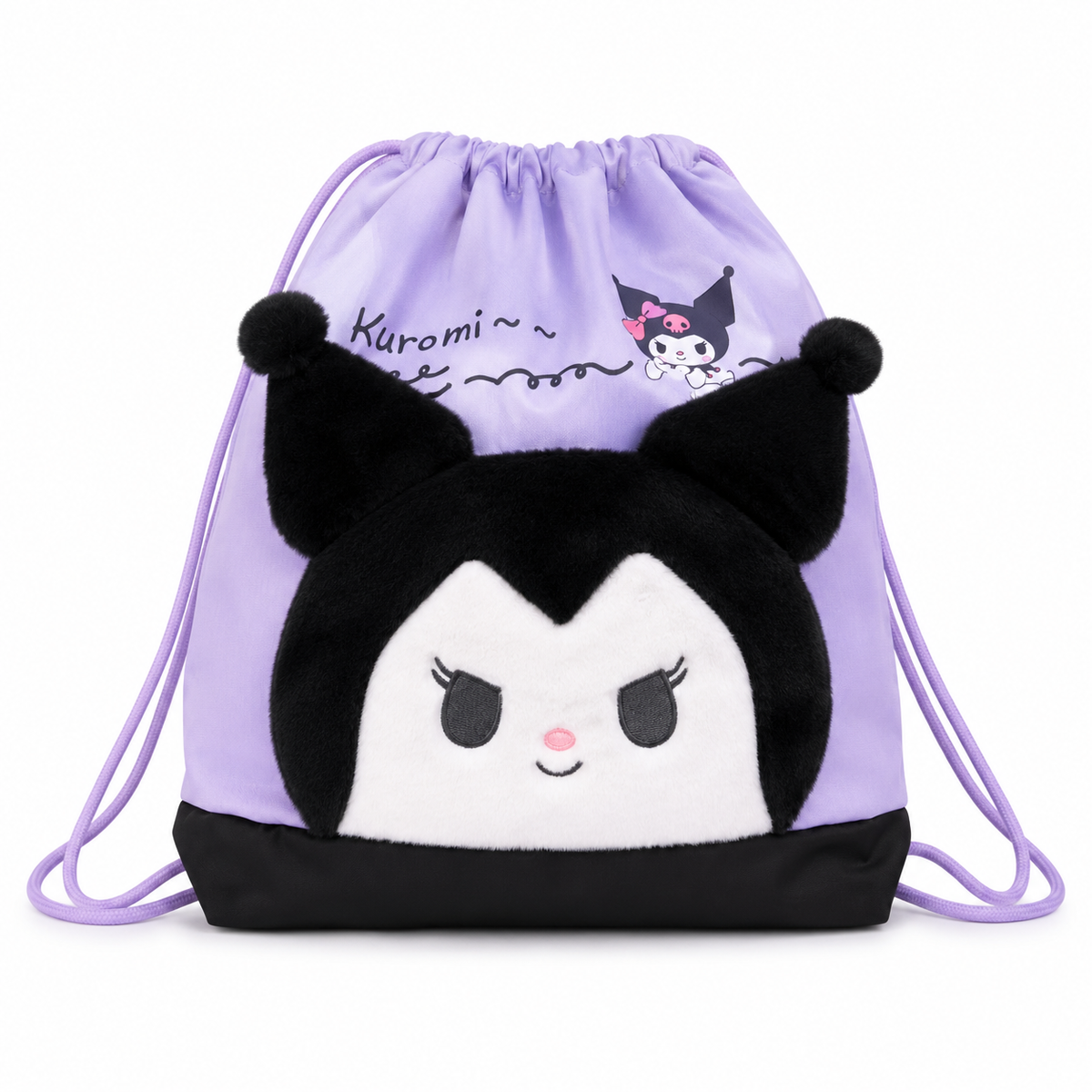 Kuromi Kids Drawstring Bag with Plush Character – Purple & Black