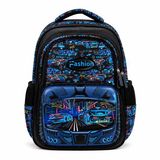 Kids Racing Car School Backpack – Blue & Black Boys Bag