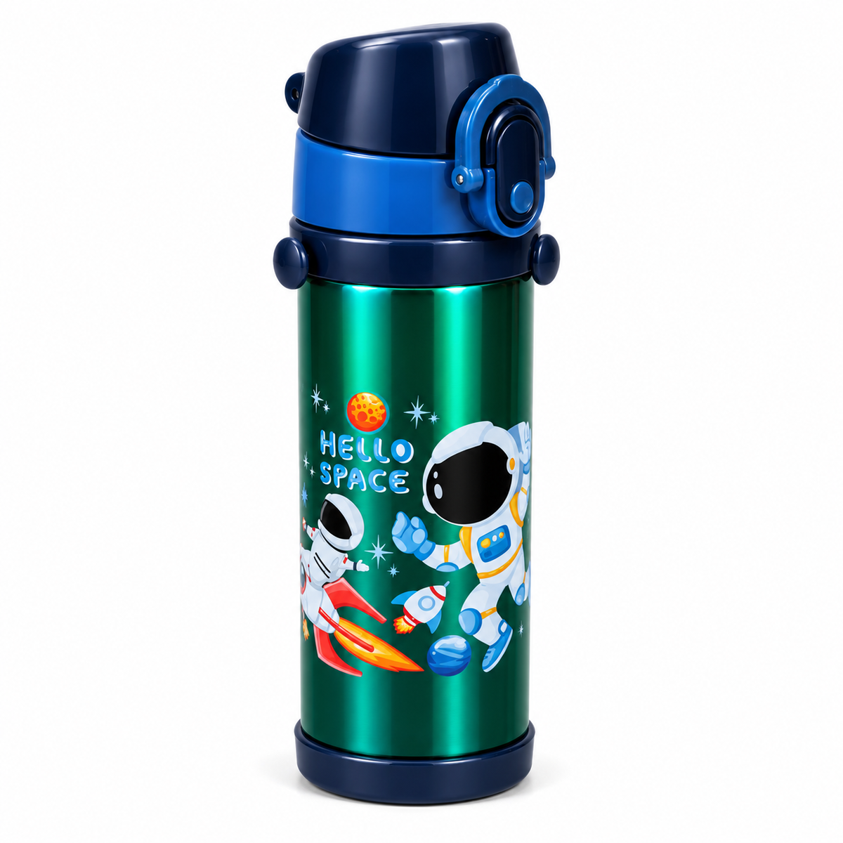 Kids Space Astronaut Printed Water Bottle – Green & Blue