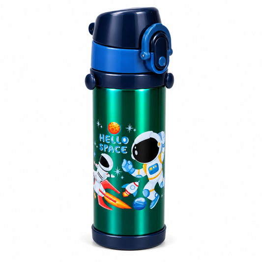 Kids Space Astronaut Printed Water Bottle – Green & Blue