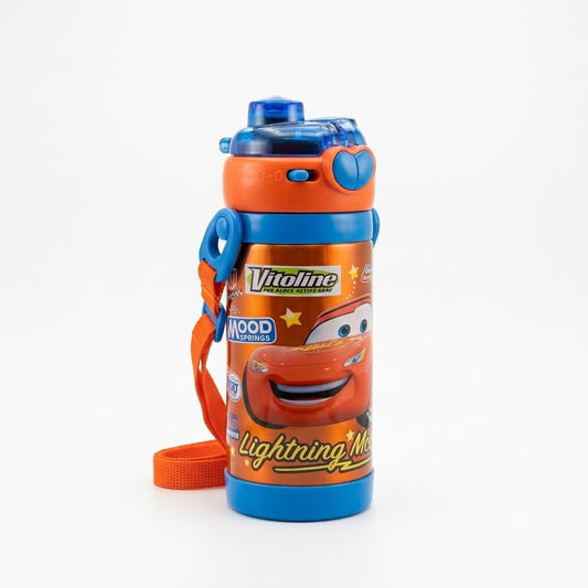Lightning McQueen Cars Printed Kids Water Bottle with Carry Strap – Orange & Blue