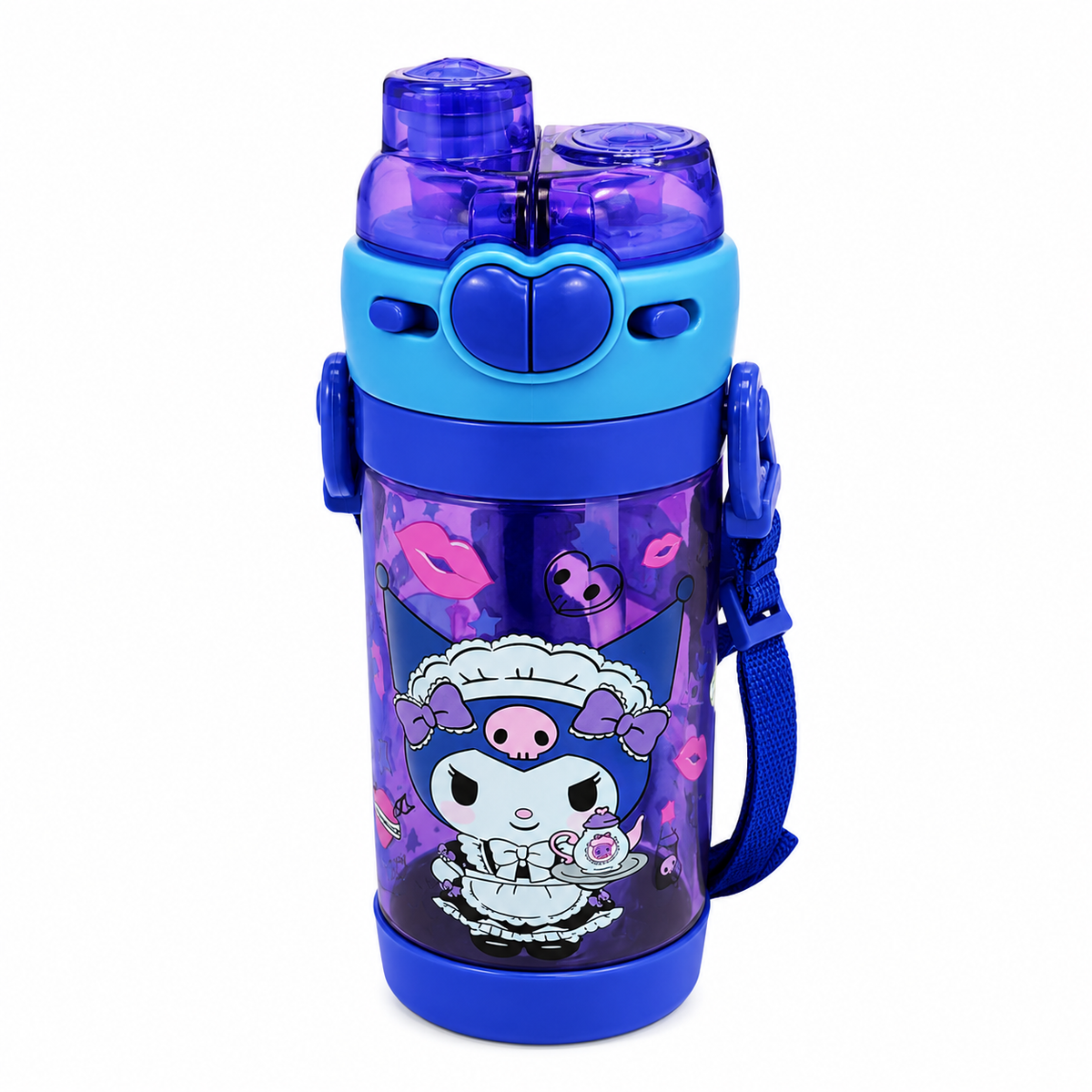 Kuromi Character Printed Kids Water Bottle with Carry Strap – Purple & Blue