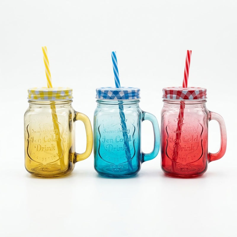 Assorted Color Mason with Handle & Straw | Glass Drinking