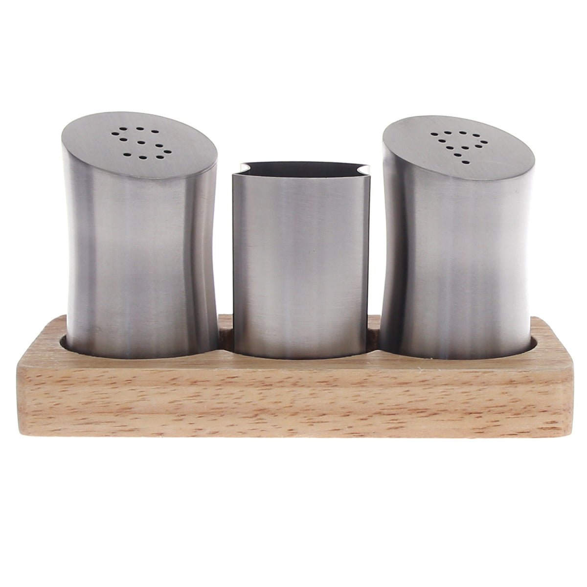 Salt & Pepper Set – SY-13 | 3-Piece Stainless Steel with Wooden Base