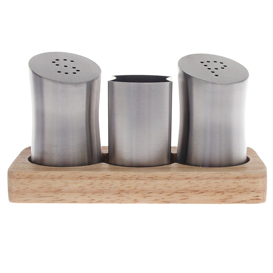 Salt & Pepper Set – SY-13 | 3-Piece Stainless Steel with Wooden Base