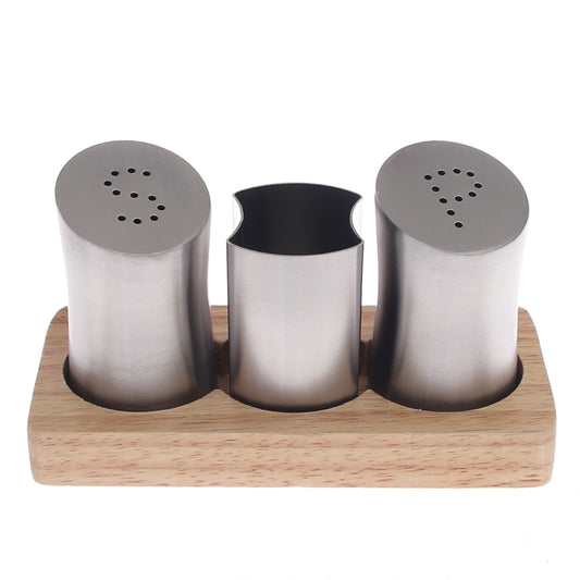 Salt & Pepper Set – SY-13 | 3-Piece Stainless Steel with Wooden Base