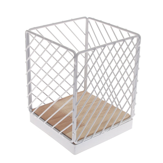 Spoon Holder – A04-017B | White Metal Cage with Wooden Base