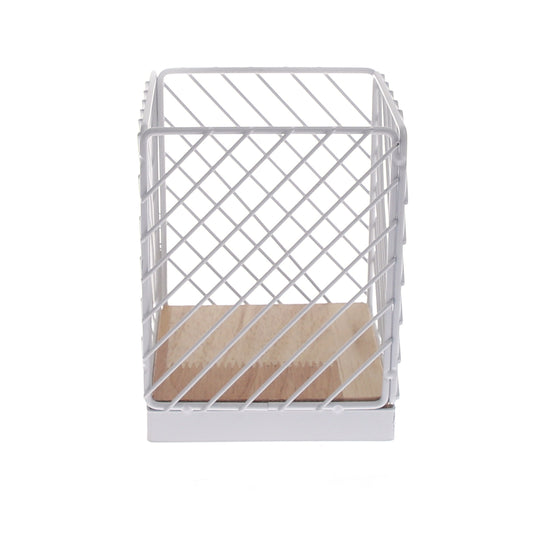 Spoon Holder – A04-017B | White Metal Cage with Wooden Base