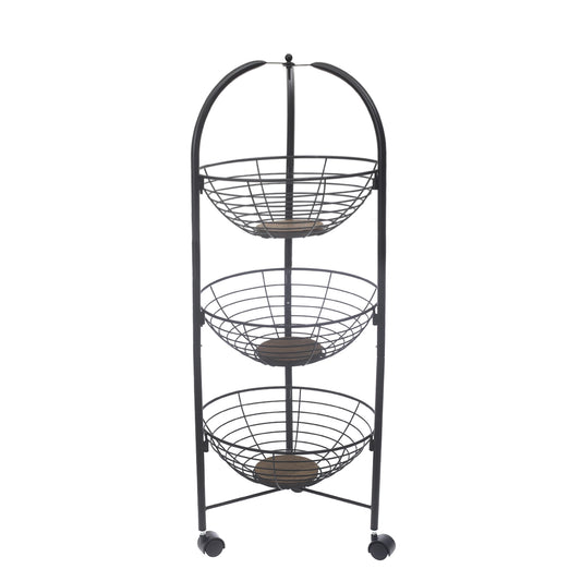 PinPin 3-Tier Vegetable Trolley – Black Metal Storage Rack with Wheels