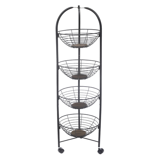 PinPin 4-Tier Vegetable Trolley – Black Metal Storage Rack with Wheels